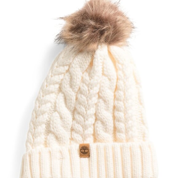 NEW TIMBERLAND Cable Knit Beanie With Pom And Ribbed Cuff Cream 161mn - Picture 2 of 4